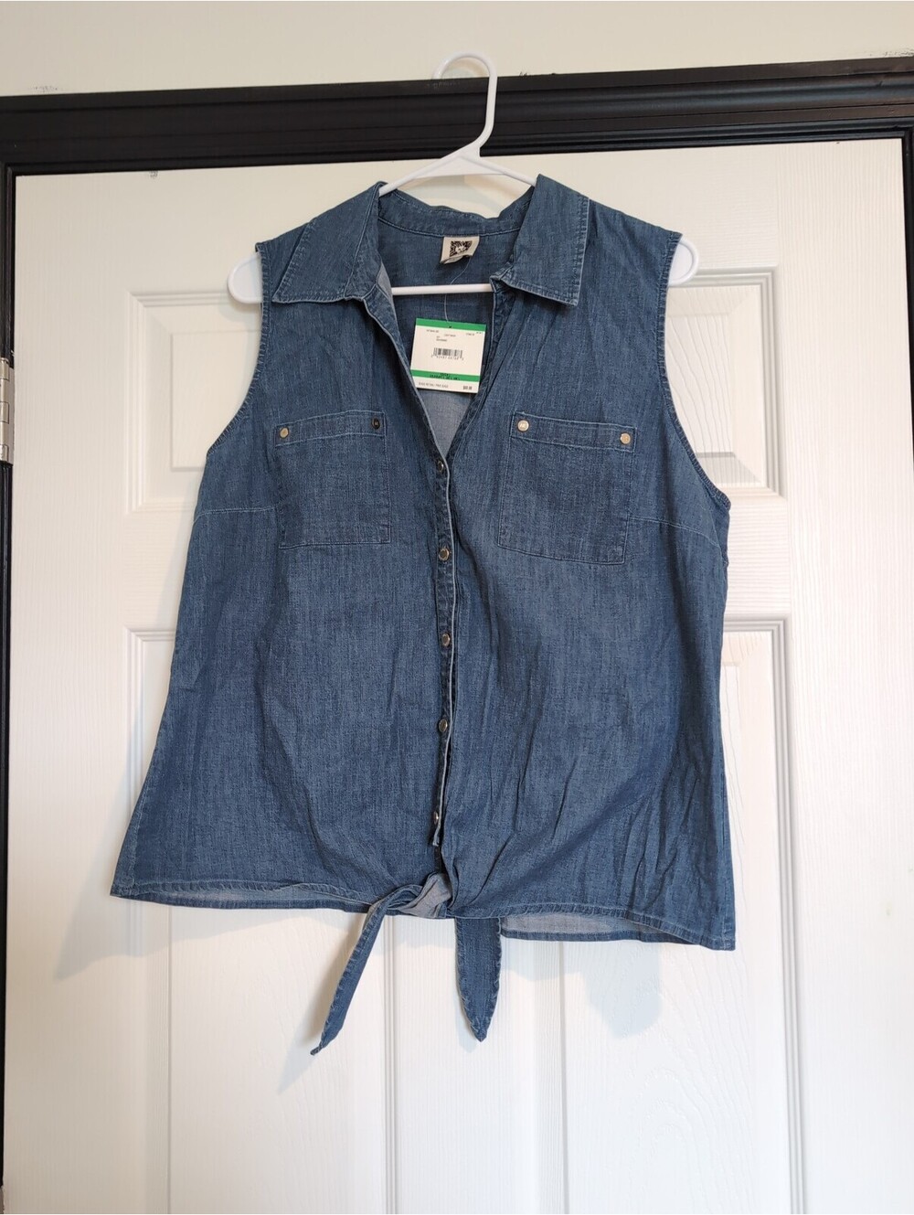 Large NWT Anne Klein Denim Blue Sleeveless Tie Front Blouse Top